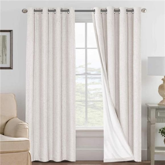 Linen Blackout Curtains 84 Inches Anti-Rust Grommet, 2 Panels, Ivory - Picture 1 of 6